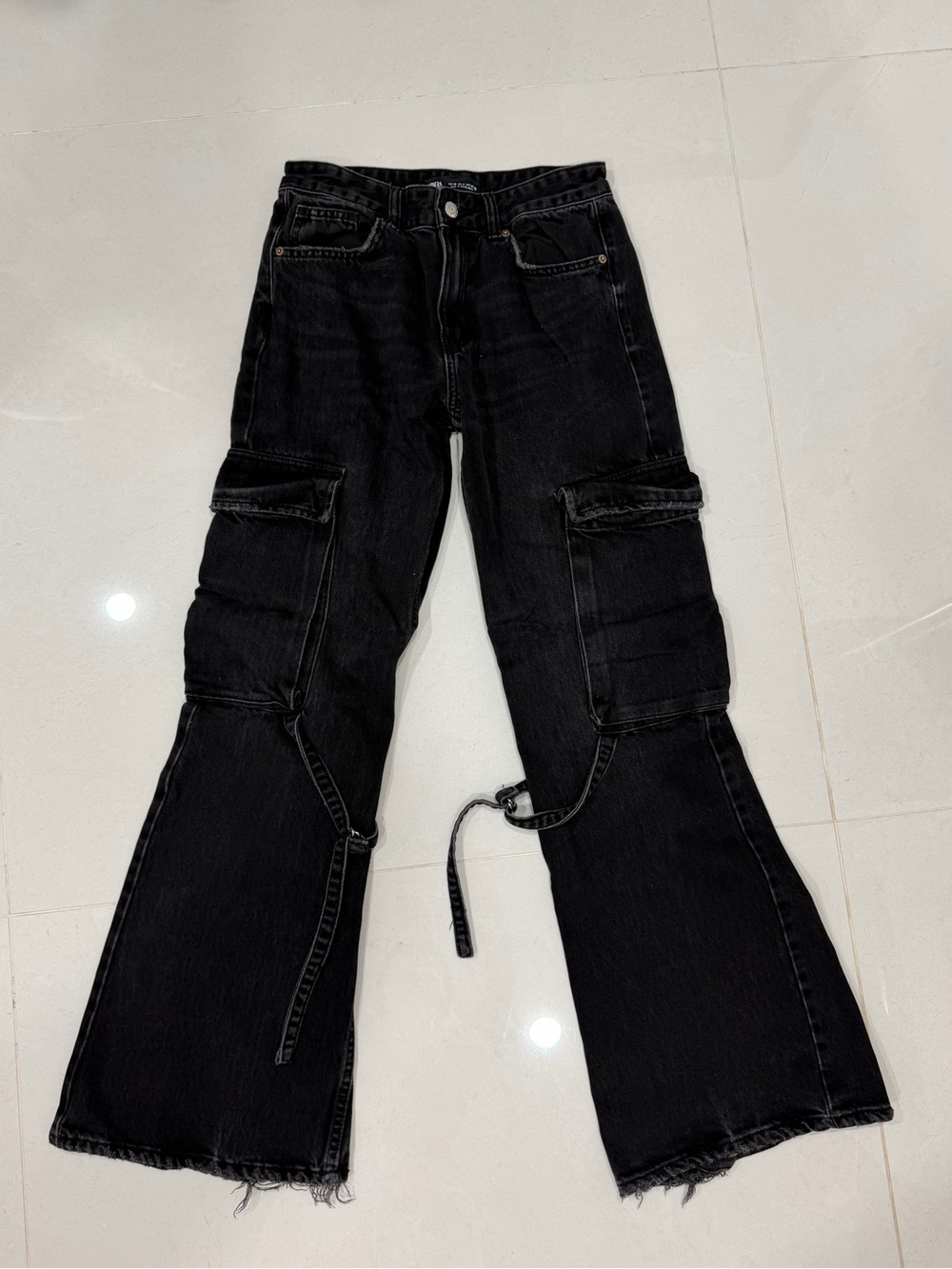 Zara Black Cargo Flared Jeans with Utility Straps